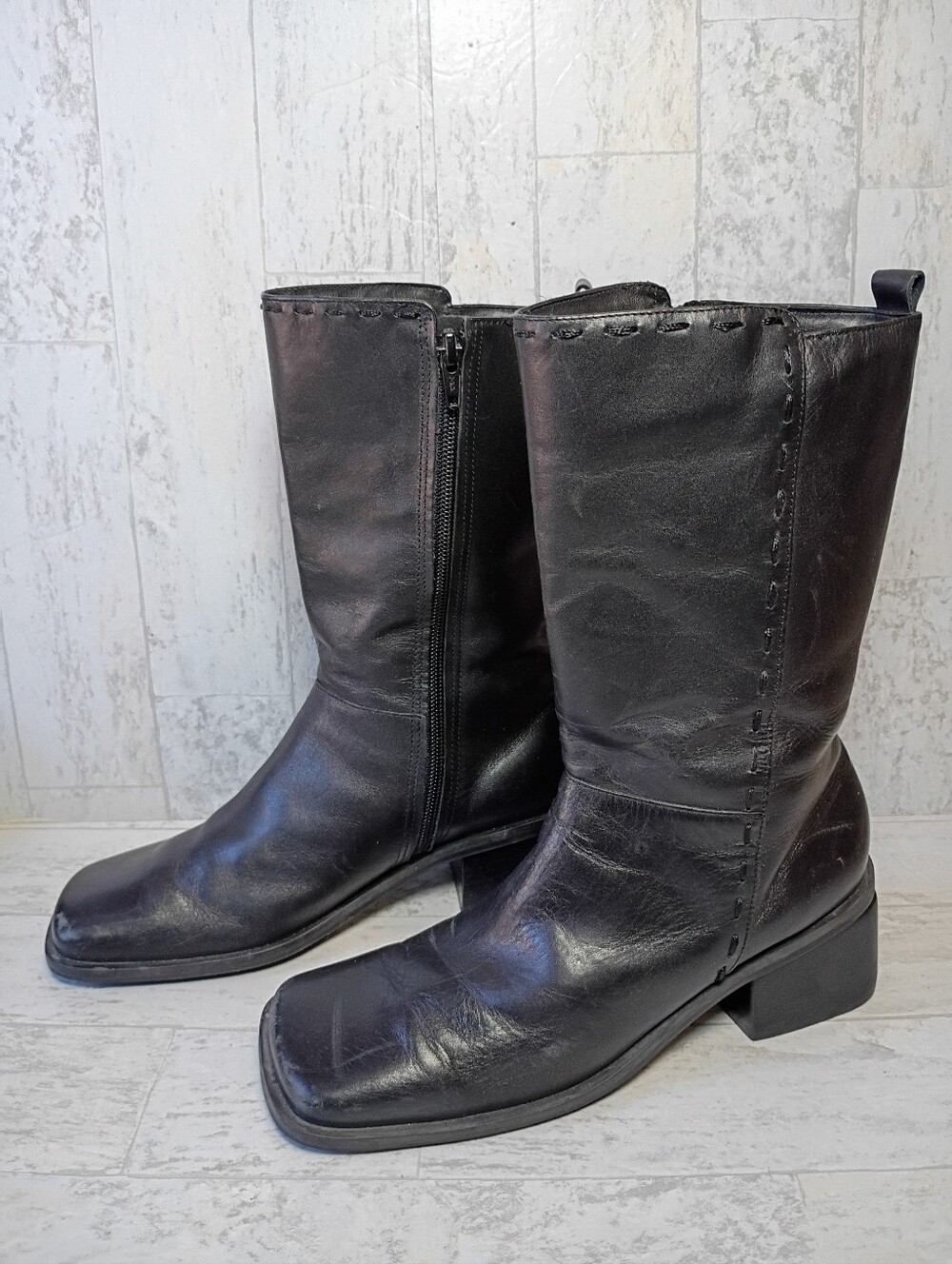 Black leather square toe knee high boots, 90s vintage wide calf size 7.5 US - Picture 8 of 15